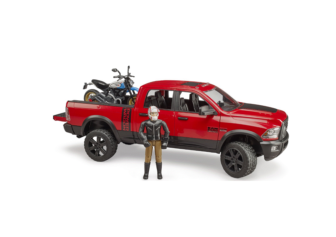 RAM 2500 Power Wagon with Scrambler Ducati Desert Sled and driver