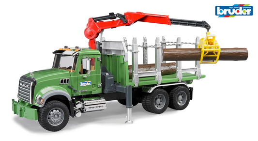 MACK Granite Timber truck with loading crane, grab and 3 trunks