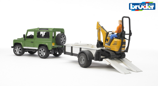 Land Rover Defender one axle trailer, JCB micro excavator + worker